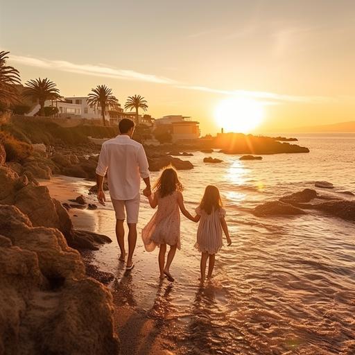 exterior of sea side in Spain, luxury and natural enviroment, sunrise, real father, mother, son and daughter having fun, enjoying life ar 1920:1080