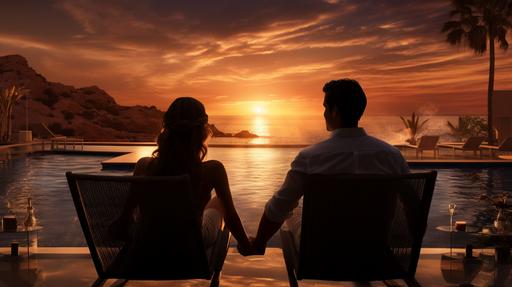 exterior of sea side in Spain, luxury home in the beach and natural enviroment, sunset, :: real couple in love having fun, enjoying life --ar 1920:1080
