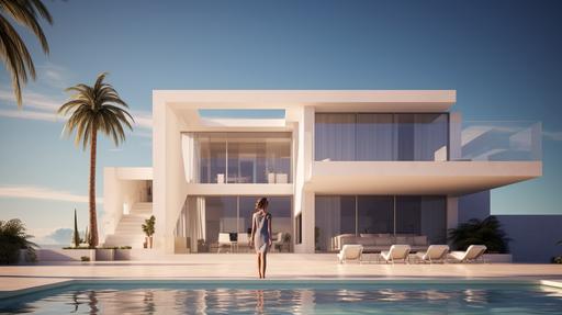 exterior of sea side in Spain, luxury home in the beach and natural enviroment, sunny day, :: real couple in love having fun, enjoying life --ar 1920:1080