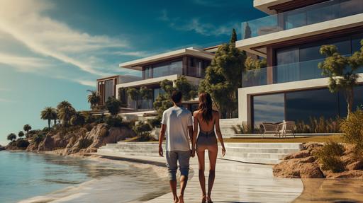 exterior of sea side in Spain, luxury home in the beach and natural enviroment, sunny day, :: real couple in love having fun, enjoying life --ar 1920:1080