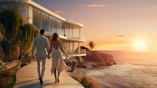 exterior of sea side in Spain, luxury home in the beach and natural enviroment, sunset, :: real couple in love having fun, enjoying life --ar 1920:1080