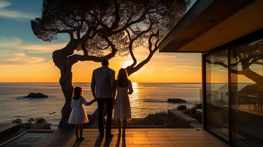 exterior of sea side in Spain, luxury house and natural enviroment, sunrise, real father, mother, son and daughter having fun, enjoying life --ar 1920:1080