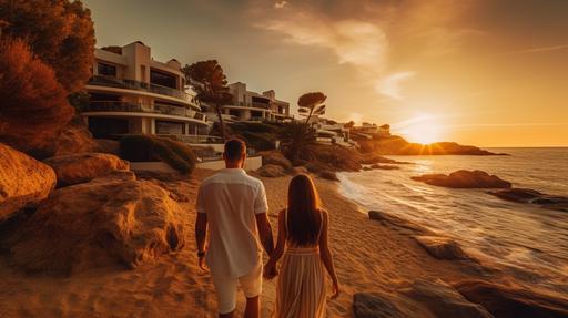 exterior of sea side in Spain, luxury house and natural enviroment, sunrise, real father, mother, son and daughter having fun, enjoying life --ar 1920:1080