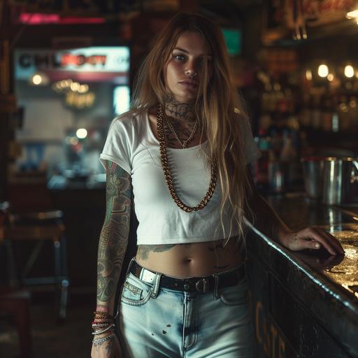 extreme close portrait, low camera angle pov forced perspective, grim dark under hive, biker gang woman, aged 18, chain motif tattoos, tough, drinking in a drity bar, white tshirt, jeans, leavless bacl leathers, --v 6.0