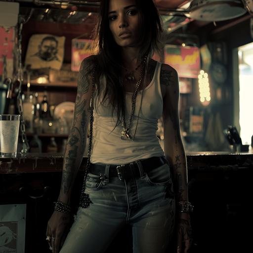 extreme close portrait, low camera angle pov forced perspective, grim dark under hive, biker gang woman, aged 18, chain motif tattoos, tough, drinking in a drity bar, white tshirt, jeans, leavless bacl leathers, --v 6.0