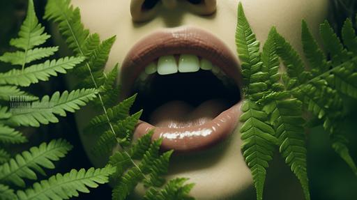 extreme close up green lipstick lips, teeth gently tongue pling through, fern and moss shaded Sarah Sequoia , poloroid 2023, udhr --w 3000 --ar 16:9
