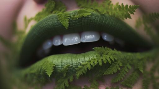 extreme close up green lipstick lips, teeth gently tongue pling through, fern and moss shaded Sarah Sequoia , poloroid 2023, udhr --w 3000 --ar 16:9