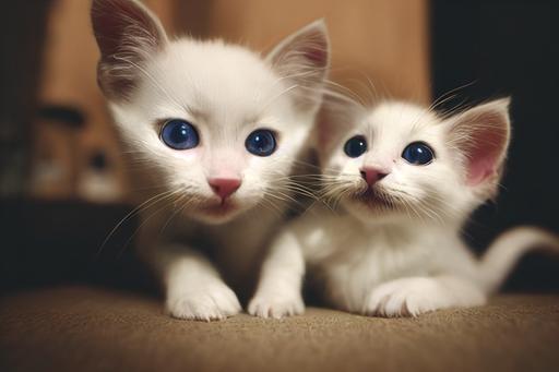 extreme close-up of a white curious kitten and a puppy dog sniffing on the camera lens, climbing on eachother,  hyperdetailed, photo realistic, cute, key lighting, depth of field --testp --creative --ar 16:9 --upbeta