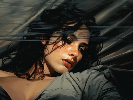extreme close up of brunette women in a black blind fold while she is laying on a bed, overhead, intense, horror, muted tones, sweat, stencil drawing, realistic style --ar 4:3 --s 250