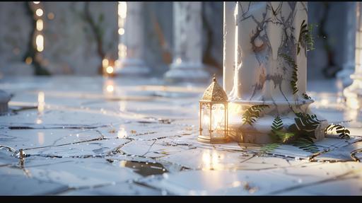 extreme close up of the marble flooring of a fallen temple of white stone with ferns growing out of cracks and towering columns, on the floor in view is a glowing white lantern of gold and white on the marble floor, dynamic lighting, hyper detailed, 9k, cinematic, white overtones, --aspect 16:9