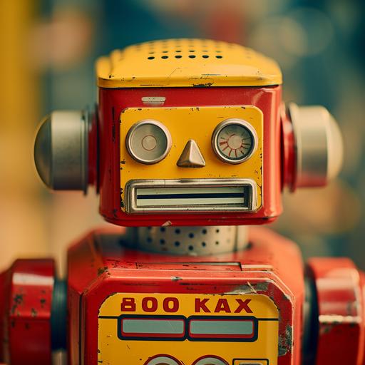 extreme close up photograph of a 1940s toy metal robot, yellow and red, vintage, kodak ektachrome e100