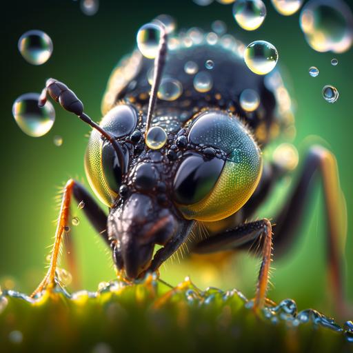 extreme close-up photograph of an ant climbing up a blade of grass, droplets of moisture, clear lighting, incredible detail, hd, 8k, Canon 200mm macro, bokeh