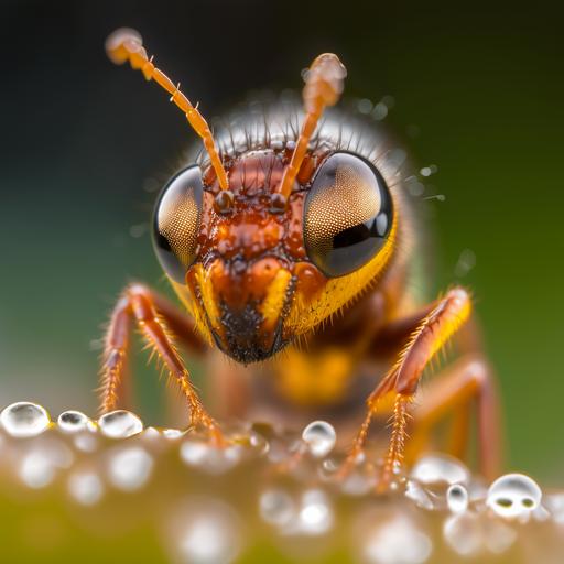extreme close-up photograph of an ant climbing up a blade of grass, droplets of moisture, clear lighting, incredible detail, hd, 8k, Canon 200mm macro, bokeh