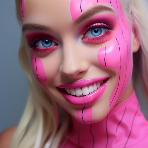 extreme close up, weird face painted barbie perfect smile, 4k,