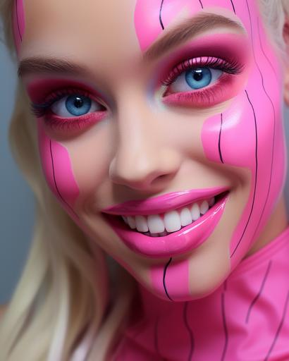 extreme close up, weird face painted barbie perfect smile, 4k, --ar 4:5