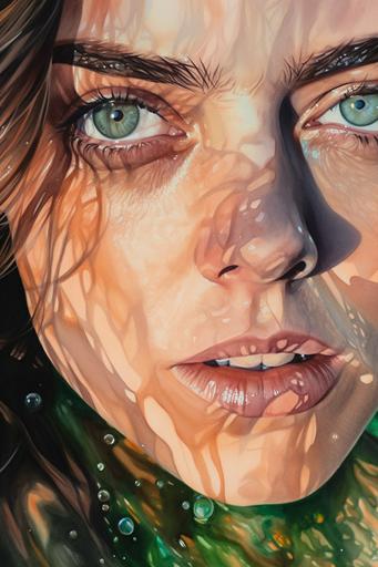 extreme closeup of Lyndsy Fonseca with glowing dutch acrylic pour painting emerald eyes and long pastel peach crystalline diamond-textured hair, beam of sunlight, by Kuvshinov Ilya, dine in watercolored pencil --ar 2:3 --v 5 --seed 3491081848