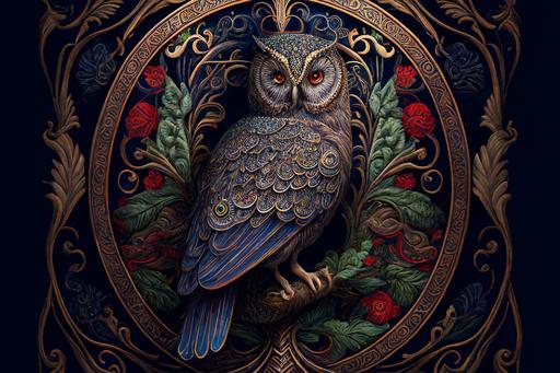 an extreme detailed depiction of the Owl of Minerva as an artisan masterpiece, highly detailed illustration, intricate and ornate details, rich and vibrant colors, inspired by ancient mythology and symbolism, symbolic of wisdom and knowledge, surrounded by a luxurious and elaborate environment --v 4 --q 5 --ar 3:2 --stylize 1000