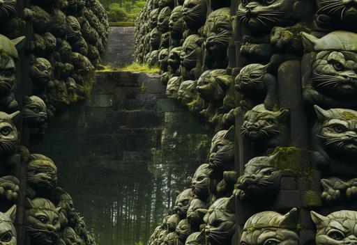 extreme fisheye view, wide angle view, high view distance, giant stone wall stretching to infinity, wall is made of 5000 stone cat statue heads, varying jeweled eyes, rock moss, seamless wallpaper, wet conditions --upbeta --c 35 --ar 16:11 --s 750 --tile --style raw