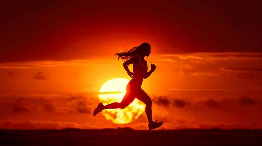 extreme woman running, sun sunset, dark silouette night switch --v 6.0 --ar 16:9