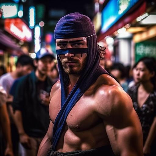 extremely Handsome male ninja, in the style of beefcake, physique photography, SNK, muscle morph, quiet night, Kabukicho, Akihabara, album art, maximalist, iconic, cherry blosson festival, most beautiful thing I've ever seen, marvel cinematic universe, WWE, romantic themes, asymmetrical, low angle, epic photography, dazzling --v 5 --s 500