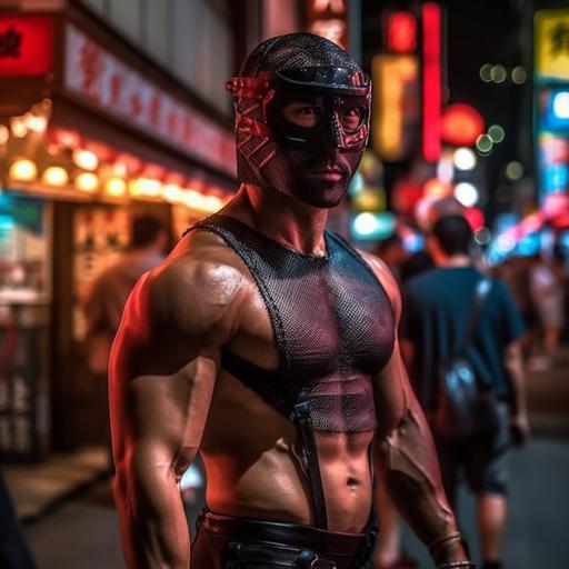 extremely Handsome male ninja, in the style of beefcake, physique photography, SNK, muscle morph, quiet night, Kabukicho, Akihabara, album art, maximalist, iconic, cherry blosson festival, most beautiful thing I've ever seen, marvel cinematic universe, WWE, romantic themes, asymmetrical, low angle, epic photography, dazzling --v 5 --s 500