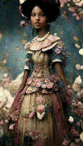 extremely beautiful Erzuli Freda in a victorian dress, light skin Creole, flowers, birds, butterflies, blackground Port Au Prince, asymetrical composition design, by Jean-Baptiste Monge by Mark Ryden, by Roby Dwi Antono, highly detailed , intricate detail, beautiful costumes in the colors of blue   pink   white, 8k, CGI, unreal engine, hyper realistic, remarkable cast shadows, cinematic lighting, photorealistic, very ornate and intricate design, unreal engine 5, octane render, realistic, hyperdetailed, hyperrealism, beautiful cast shadows, magical, Whimsical, illumination, --ar 12:20