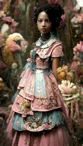 extremely beautiful Erzuli Freda in a victorian dress, light skin Creole, flowers, birds, butterflies, blackground Port Au Prince, asymetrical composition design, by Jean-Baptiste Monge by Mark Ryden, by Roby Dwi Antono, highly detailed , intricate detail, beautiful costumes in the colors of blue   pink   white, 8k, CGI, unreal engine, hyper realistic, remarkable cast shadows, cinematic lighting, photorealistic, very ornate and intricate design, unreal engine 5, octane render, realistic, hyperdetailed, hyperrealism, beautiful cast shadows, magical, Whimsical, illumination, --ar 12:20