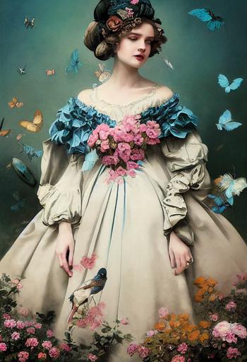 extremely beautiful Erzuli Freda in a victorian dress, flowers, birds, butterflies, blackground gardens, asymetrical composition design, by Jean-Baptiste Monge by Mark Ryden, by Roby Dwi Antono, highly detailed , intricate detail, beautiful costumes in the colors of blue   pink   white, 8k, CGI, unreal engine, hyper realistic, remarkable cast shadows, cinematic lighting, photorealistic, very ornate and intricate design, unreal engine 5, octane render, realistic, hyperdetailed, hyperrealism, beautiful cast shadows, magical, Whimsical, illumination, --ar 12:20 --test --creative