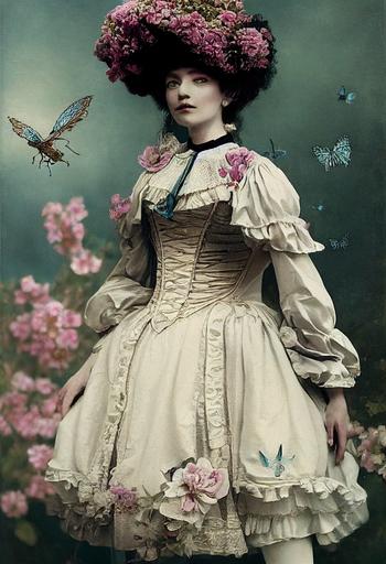 extremely beautiful Erzuli Freda in a victorian dress, flowers, birds, butterflies, blackground gardens, asymetrical composition design, by Jean-Baptiste Monge by Mark Ryden, by Roby Dwi Antono, highly detailed , intricate detail, beautiful costumes in the colors of blue   pink   white, 8k, CGI, unreal engine, hyper realistic, remarkable cast shadows, cinematic lighting, photorealistic, very ornate and intricate design, unreal engine 5, octane render, realistic, hyperdetailed, hyperrealism, beautiful cast shadows, magical, Whimsical, illumination, --ar 12:20 --test --creative