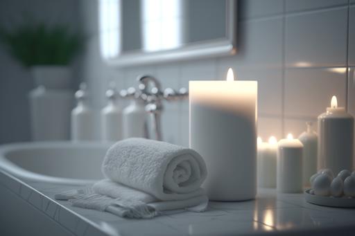 extremely detailed, Large luxury White bathroom, white candle, soft white towels, white tiles, nature, contemporary, shot in the style of Derek Jarman, on 35mm,long lens,cinematic,8k --ar 3:2