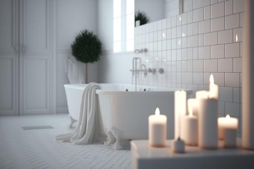extremely detailed, Large luxury White bathroom, white candle, soft white towels, white tiles, nature, contemporary, shot in the style of Derek Jarman, on 35mm,long lens,cinematic,8k --ar 3:2