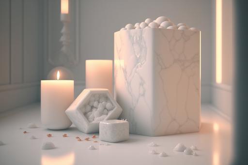 extremely detailed, Large luxury White bathroom, white candle, Himalayan salt chunks, soft white towels, white tiles, nature, contemporary, shot in the style of Derek Jarman, on 35mm,long lens,cinematic,8k --ar 3:2