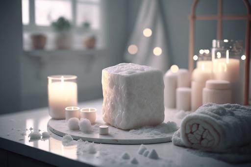 extremely detailed, Large luxury White bathroom, white candle, Himalayan salt chunks, soft white towels, white tiles, nature, contemporary, on 35mm,long lens,cinematic,8k --ar 3:2