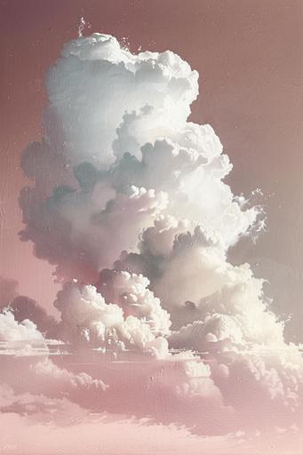 extremely detailed and extremely large oil painting of a closeup of single cloud peak in whites and extremely pale pale greys on an extremely pale and muted dusty pink plain sky, use thousands of detailed brush strokes --ar 2:3 --s 600