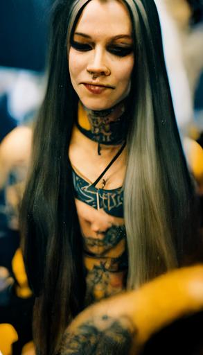 extremely detailed candid photograph of a female Norwegian heavy metal singer backstage, tattoos, long hair, Sigma 50mm F1.4 Art Lens, kodak Pro image 100 film, gorgeous detail, photorealistic, award winning photography --ar 9:16 --uplight