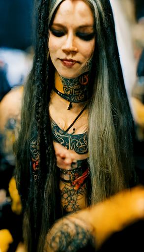 extremely detailed candid photograph of a female Norwegian heavy metal singer backstage, tattoos, long hair, Sigma 50mm F1.4 Art Lens, kodak Pro image 100 film, gorgeous detail, photorealistic, award winning photography --ar 9:16