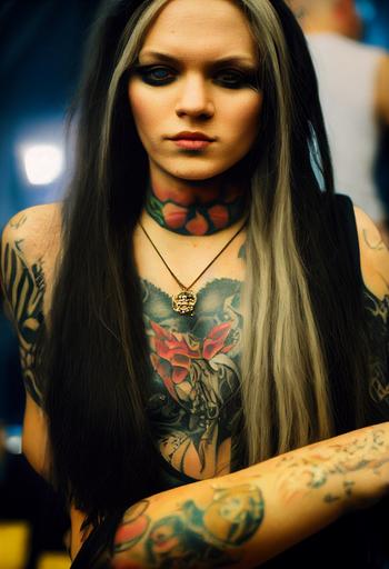 extremely detailed candid photograph of a female Norwegian heavy metal singer backstage, tattoos, long hair, Sigma 50mm F1.4 Art Lens, kodak Pro image 100 film, gorgeous detail, photorealistic, award winning photography --ar 9:16 --upbeta --test --creative --upbeta