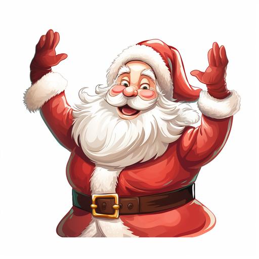 extremely excited, disney cartoon style santa claus. red and white only, raising one hand to high five someone, white background