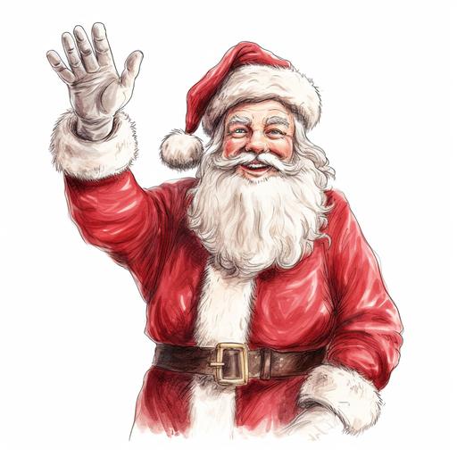 extremely excited, happy cartoon style santa claus. red pencil sketch raising hand to high five someone, white background