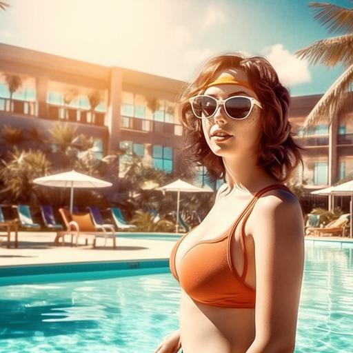 extremely hot bikini girl beautiful in a sunny morning near pool hyper realistic photograph