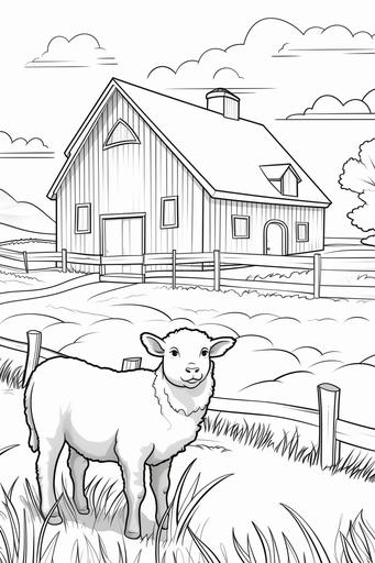 extremely simple, coloring pages, a farm with farm animals, cartoon style, thin lines, low details, black and white, no shading --ar 2:3 --v 5.2