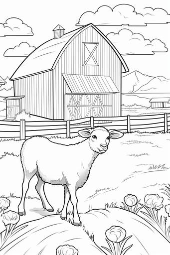 extremely simple, coloring pages, a farm with farm animals, cartoon style, thin lines, low details, black and white, no shading --ar 2:3 --v 5.2