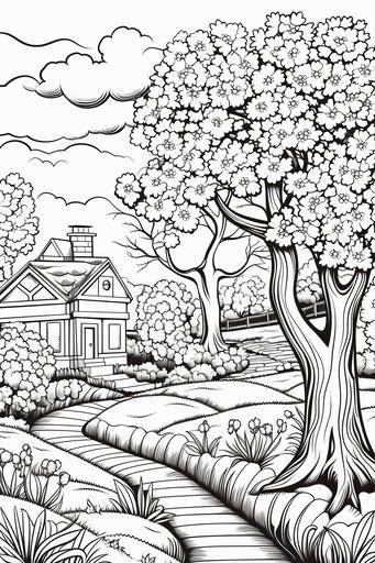 extremely simple, coloring pages for kids, Easter and Nature: Scenes of nature during spring, including blooming gardens, budding trees, and animals awakening from hibernation, cartoon style, thick lines, low details, black and white, no shading --ar 2:3 --v 5.2