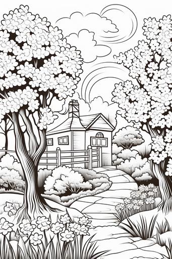 extremely simple, coloring pages for kids, Easter and Nature: Scenes of nature during spring, including blooming gardens, budding trees, and animals awakening from hibernation, cartoon style, thick lines, low details, black and white, no shading --ar 2:3 --v 5.2