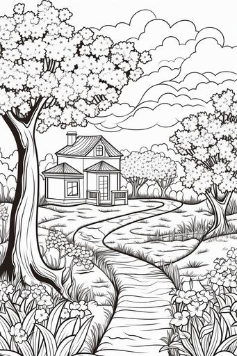 extremely simple, coloring pages for kids, Easter and Nature: Scenes of nature during spring, including blooming gardens, budding trees, and animals awakening from hibernation, cartoon style, thick lines, low details, black and white, no shading --ar 2:3 --v 5.2