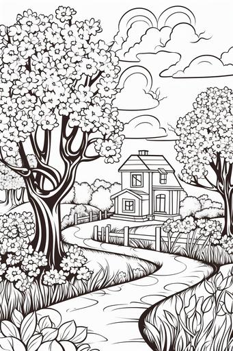 extremely simple, coloring pages for kids, Easter and Nature: Scenes of nature during spring, including blooming gardens, budding trees, and animals awakening from hibernation, cartoon style, thick lines, low details, black and white, no shading --ar 2:3 --v 5.2