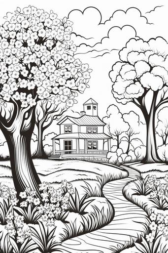 extremely simple, coloring pages for kids, Easter and Nature: Scenes of nature during spring, including blooming gardens, budding trees, and animals awakening from hibernation, cartoon style, thick lines, low details, black and white, no shading --ar 2:3 --v 5.2