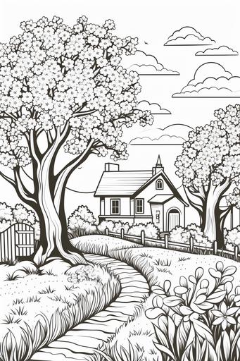 extremely simple, coloring pages for kids, Easter and Nature: Scenes of nature during spring, including blooming gardens, budding trees, and animals awakening from hibernation, cartoon style, thick lines, low details, black and white, no shading --ar 2:3 --v 5.2