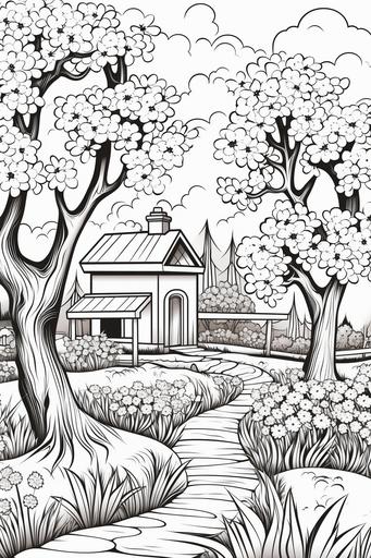 extremely simple, coloring pages for kids, Easter and Nature: Scenes of nature during spring, including blooming gardens, budding trees, and animals awakening from hibernation, cartoon style, thick lines, low details, black and white, no shading --ar 2:3 --v 5.2