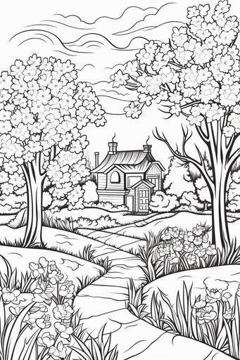 extremely simple, coloring pages for kids, Easter and Nature: Scenes of nature during spring, including blooming gardens, budding trees, and animals awakening from hibernation, cartoon style, thick lines, low details, black and white, no shading --ar 2:3 --v 5.2
